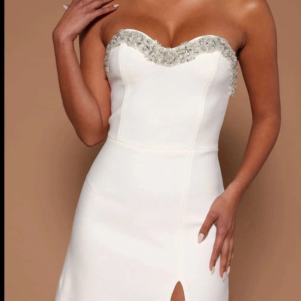 NovaLuxe  Mira Embellished Maxi Gown White Front Slit Strapless Size Large - Picture 5 of 16